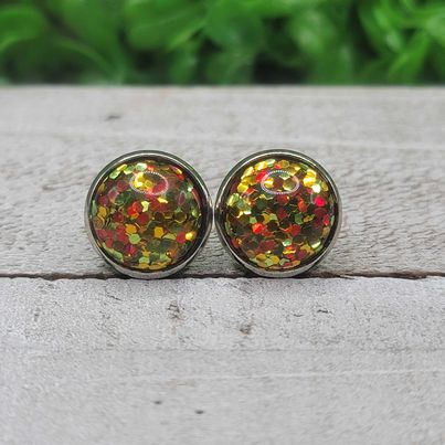 Red, Green and Gold Confetti Dome Stud Earrings