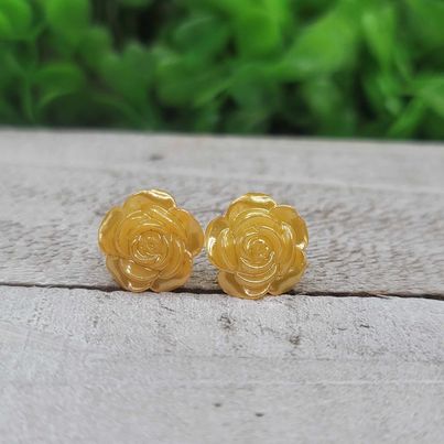 Metallic Yellow Rose Stud Earrings