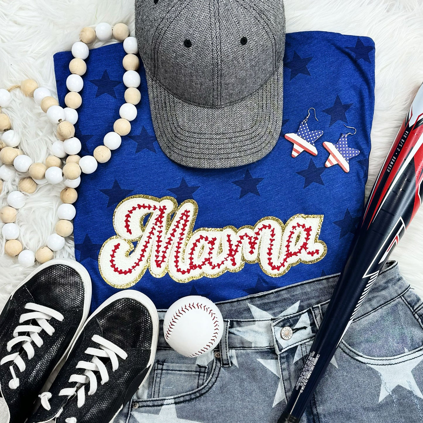 Mama Baseball Chenille Blue Star Tee ♡ Ships in 3-7 BD