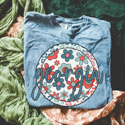 Retro Floral Tee - Blue Jean