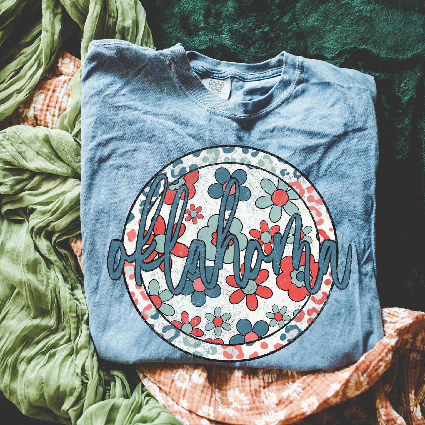 Retro Floral Tee - Blue Jean