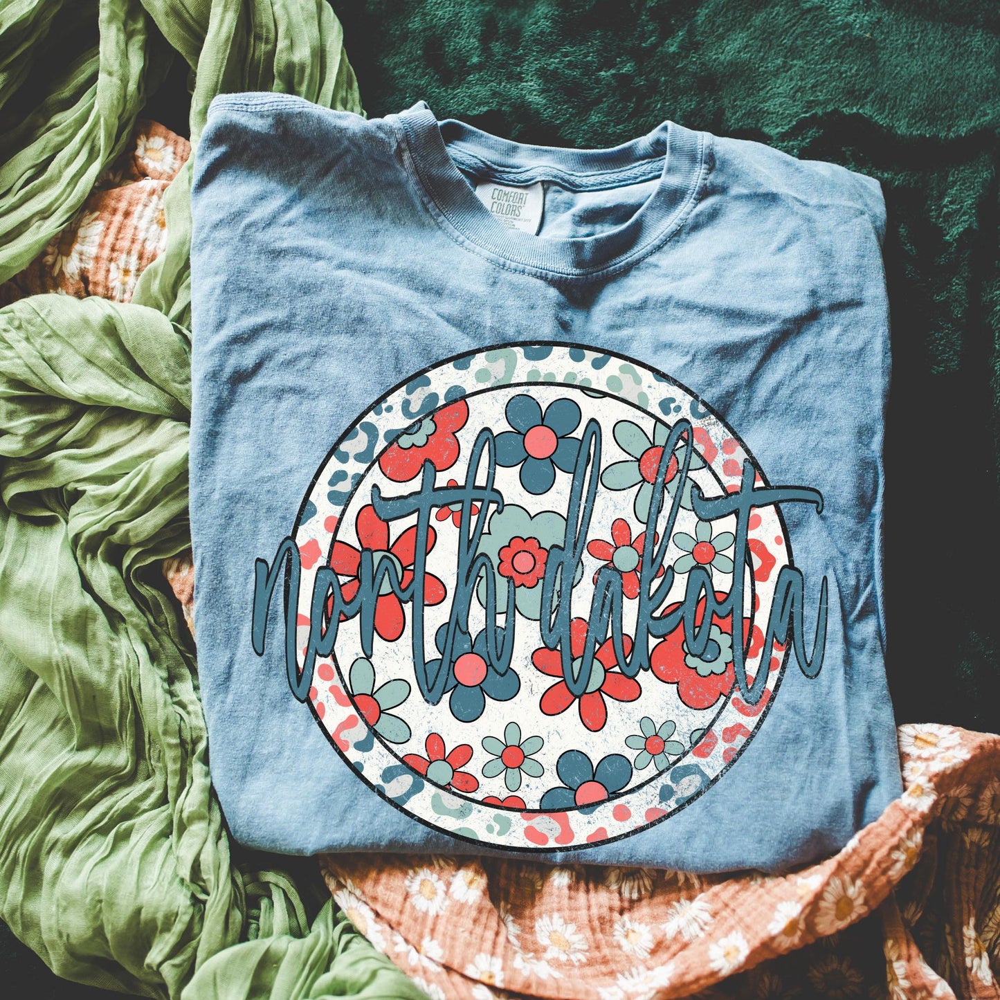 Retro Floral Tee - Blue Jean