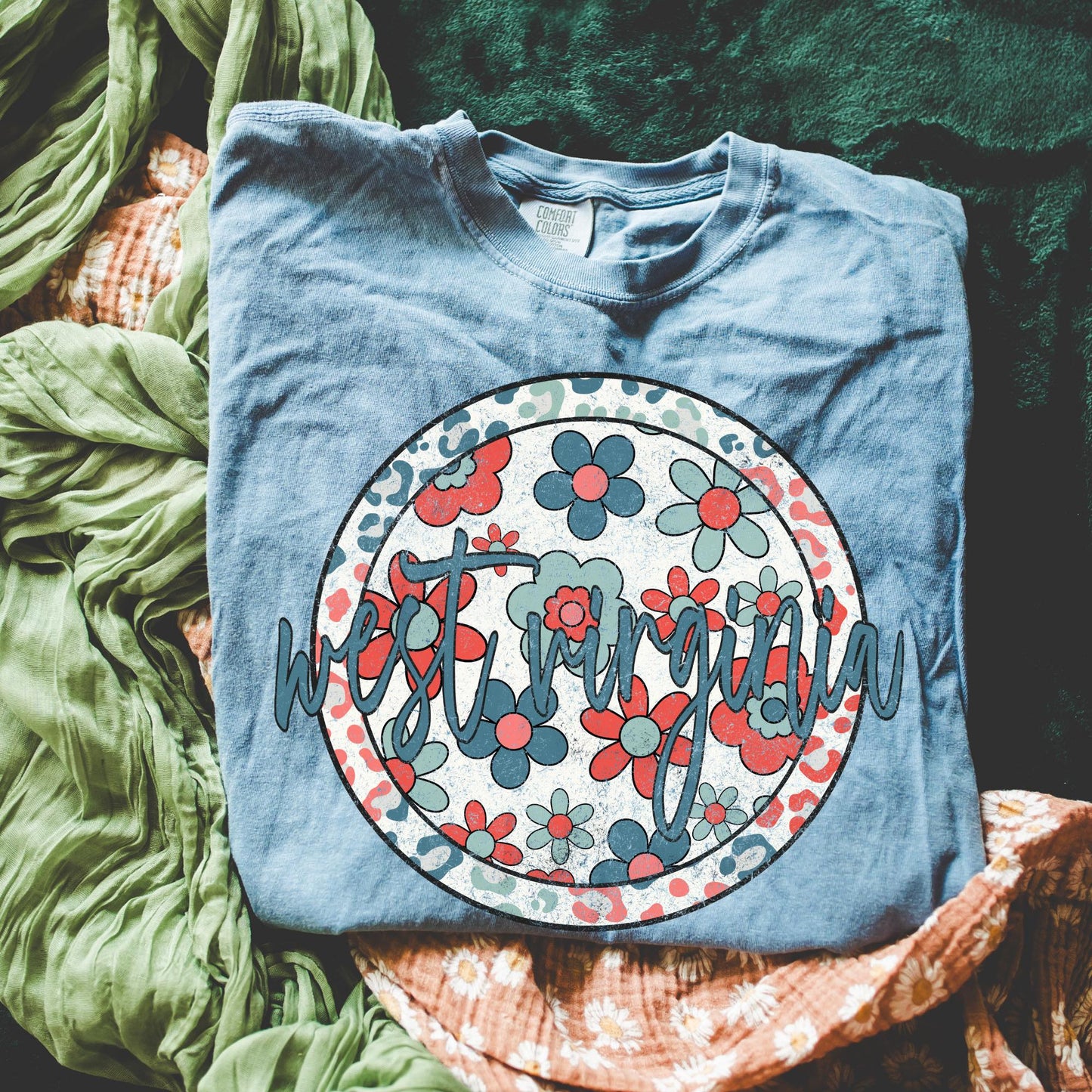 Retro Floral Tee - Blue Jean