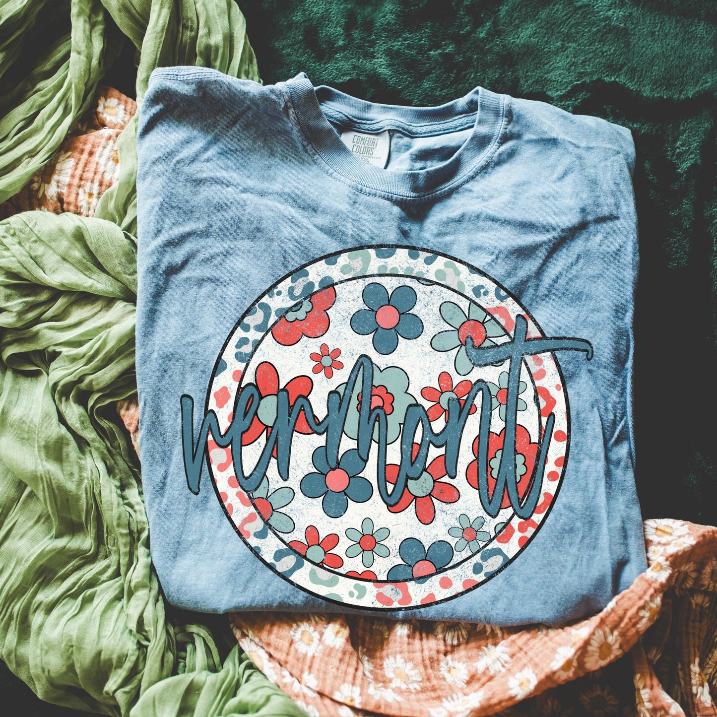 Retro Floral Tee - Blue Jean