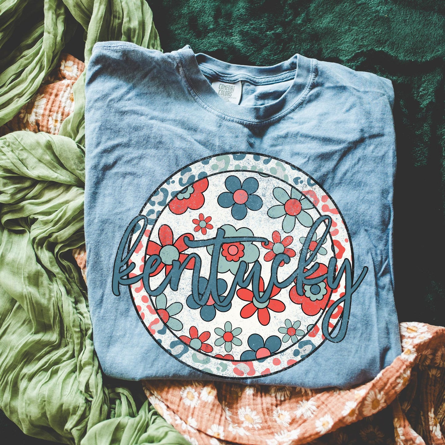 Retro Floral Tee - Blue Jean