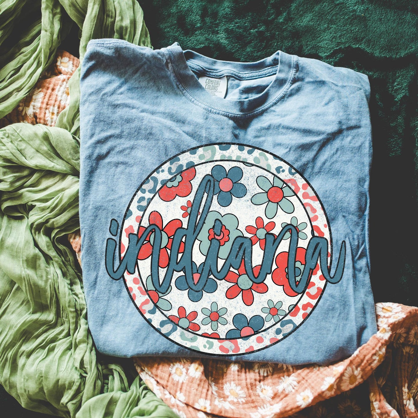 Retro Floral Tee - Blue Jean