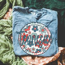 Retro Floral Tee - Blue Jean