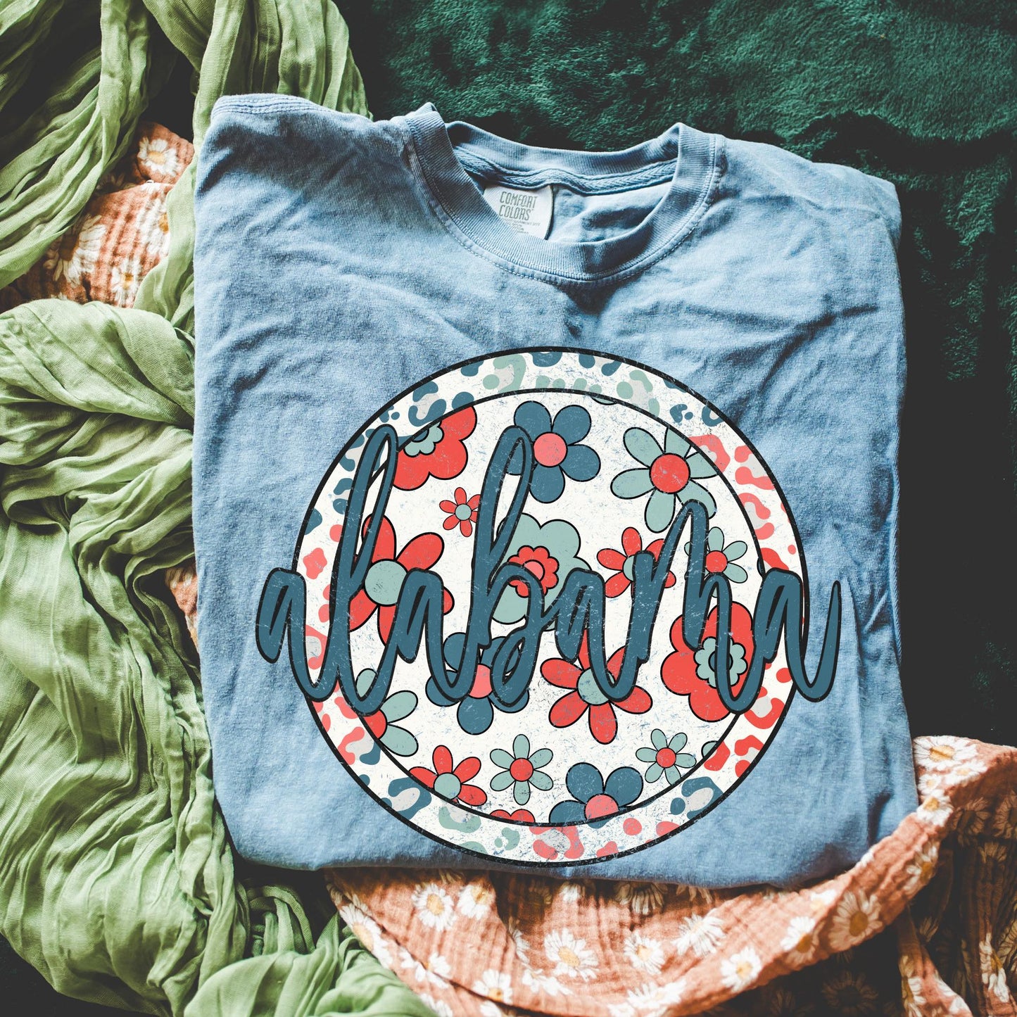 Retro Floral Tee - Blue Jean