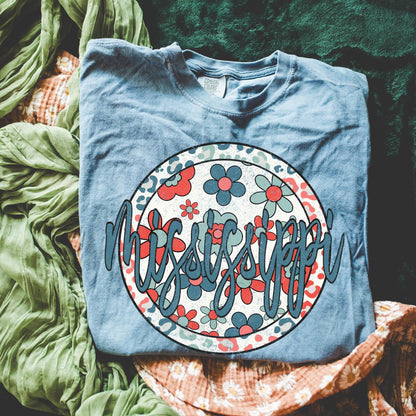 Retro Floral Tee - Blue Jean