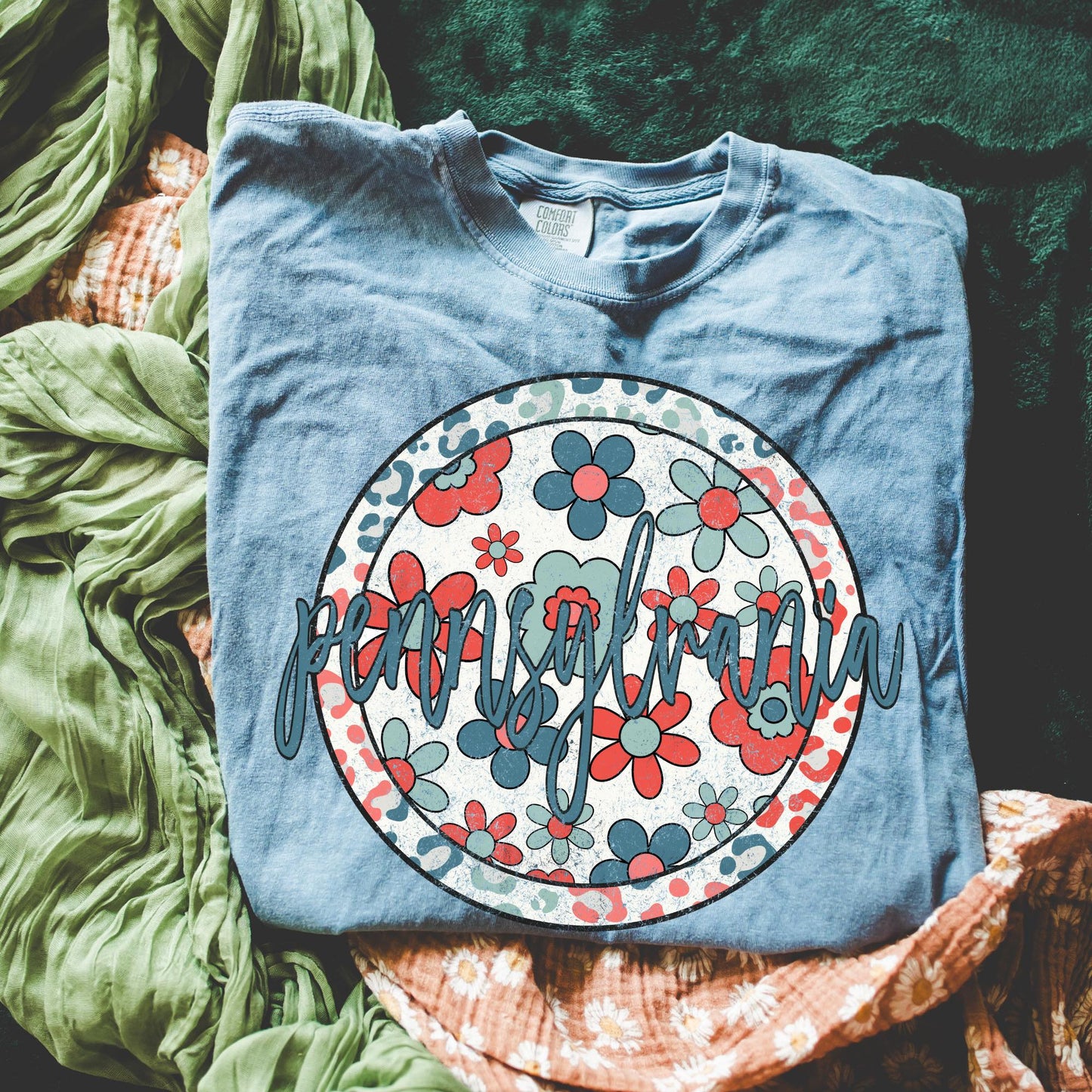 Retro Floral Tee - Blue Jean