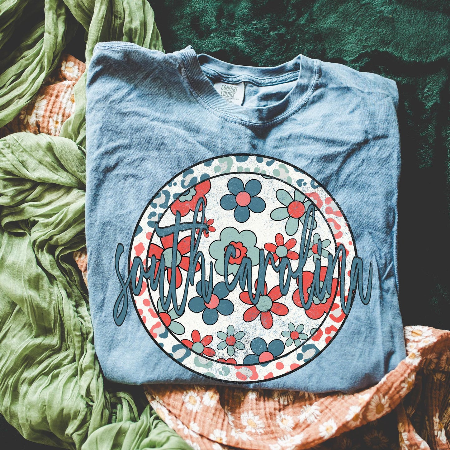 Retro Floral Tee - Blue Jean