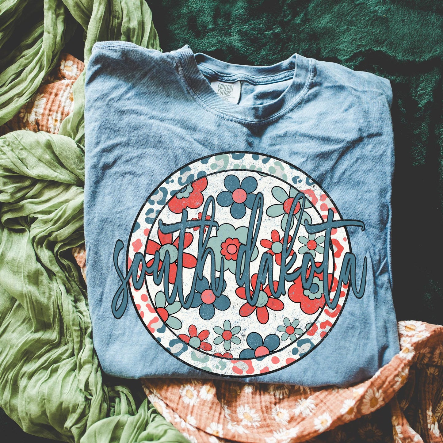 Retro Floral Tee - Blue Jean