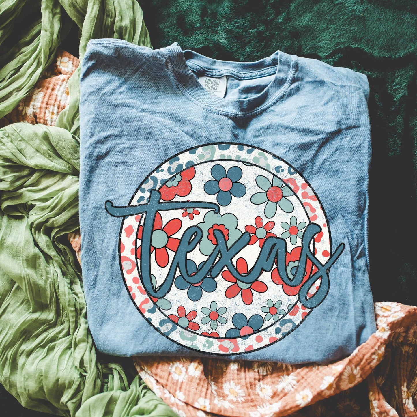 Retro Floral Tee - Blue Jean