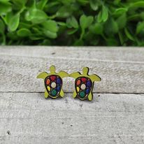 Bold Colorful Wooden Sea Turtle Stud Earrings