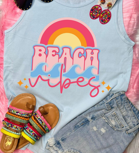 *DTF* Beach Vibes Colorful Rainbow Chambray Comfort Color Tank