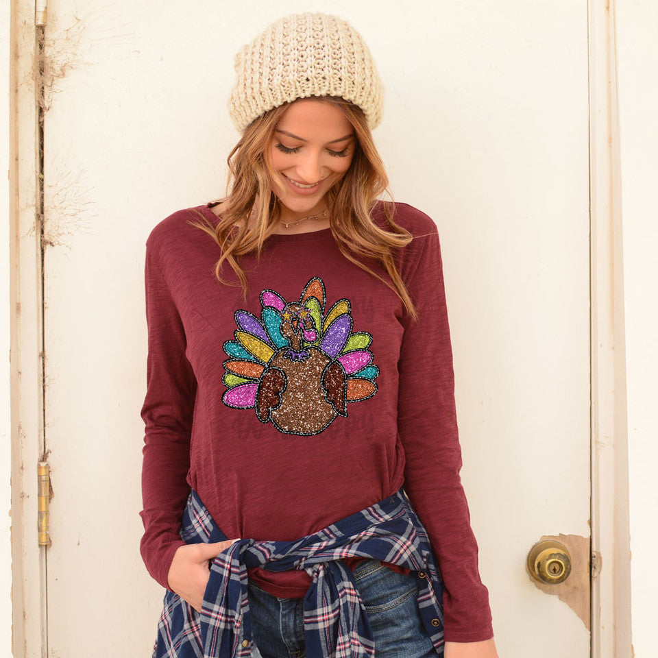 Turkey Faux Glitter Applique Everyday Long Sleeve Tee • Ships in 3-7 Business Days