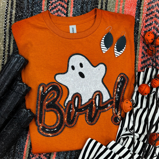 Boo! Ghost Sequin Patch Texas Orange Everyday Tee • Ships in 3-7 Business Days