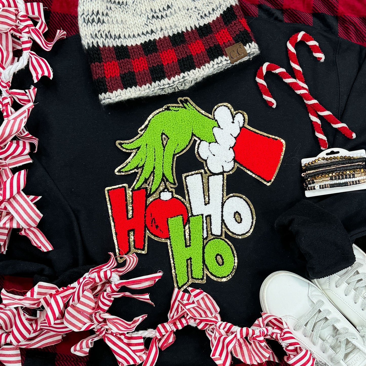 HOHOHO Green Guy Hand Chenille Patch Black Crewneck Sweatshirt • Ships in 3-7 Business Days