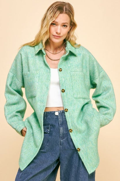 Davi & Dani Curved Hem Heathered Dropped Shoulder Shacket