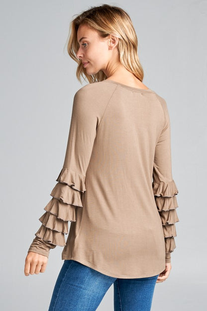 MINI TIERED RUFFLE LONG SLEEVE ROUND NECK TOP