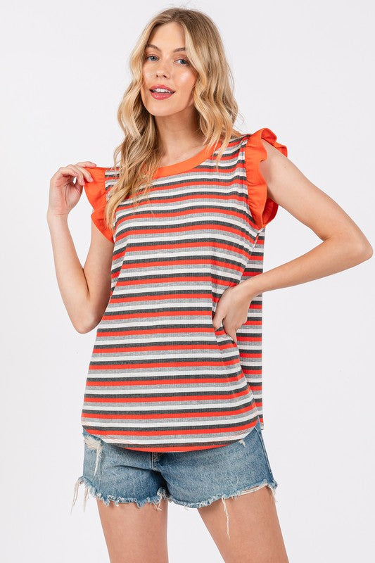 Ces Femme Striped Round Neck Ruffled Cap Sleeve Top