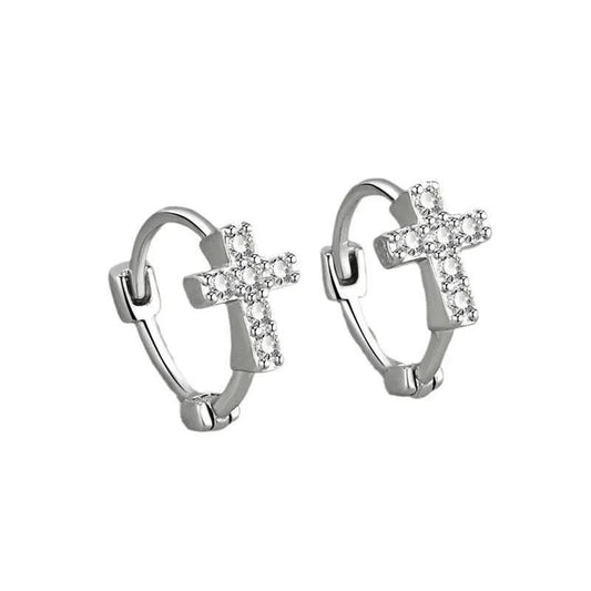 Rhinestone Cross Small Hoop Earrings