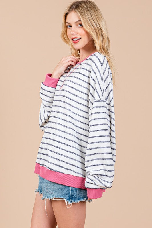 Ces Femme Striped Round Neck Drop Shoulder Sweatshirt