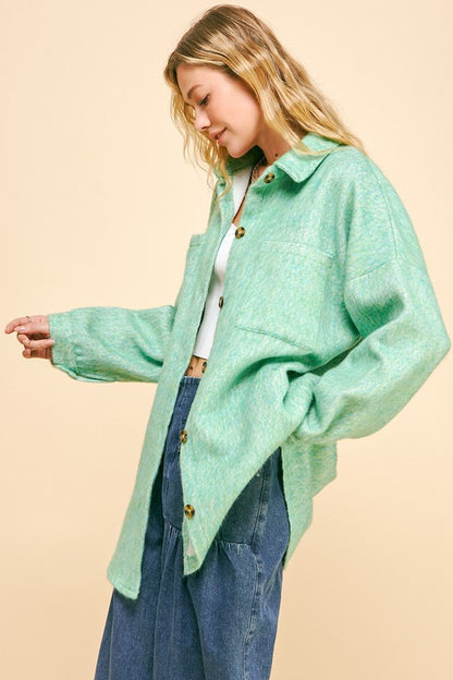 Davi & Dani Curved Hem Heathered Dropped Shoulder Shacket