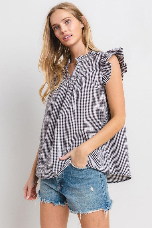 Ces Femme Plaid Notched Ruffled Cap Sleeve Blouse