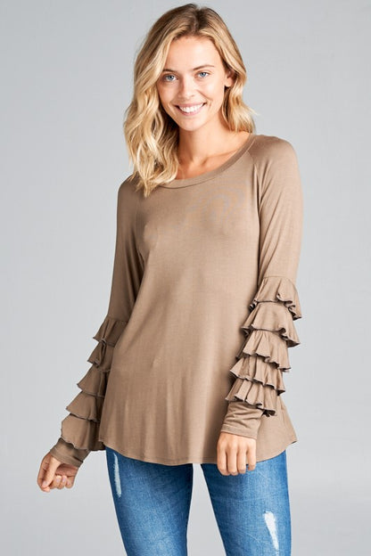 MINI TIERED RUFFLE LONG SLEEVE ROUND NECK TOP