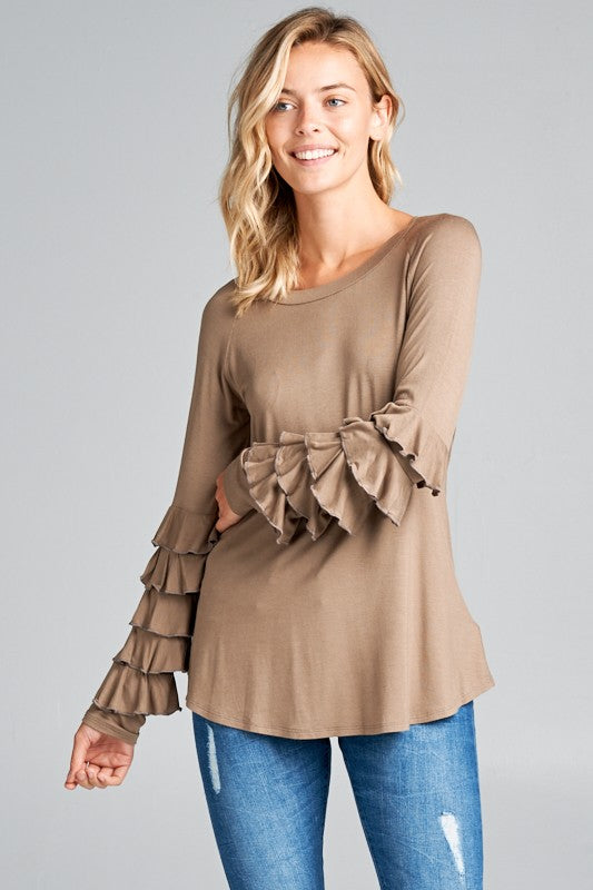 MINI TIERED RUFFLE LONG SLEEVE ROUND NECK TOP