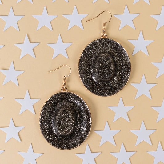 Western Glitter Cowboy Hat Earrings - Black • Dangle Earrings