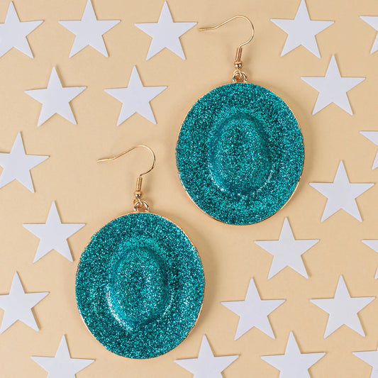 Western Glitter Cowboy Hat Earrings - Turquoise • Dangle Earrings