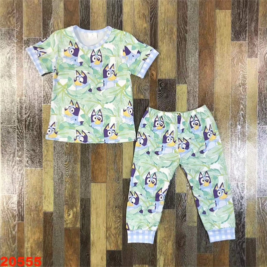 Palm Leaves & Bluey Youth Pajama Set ♡ Ships in Approx 3-4 weeks {Custom Made}