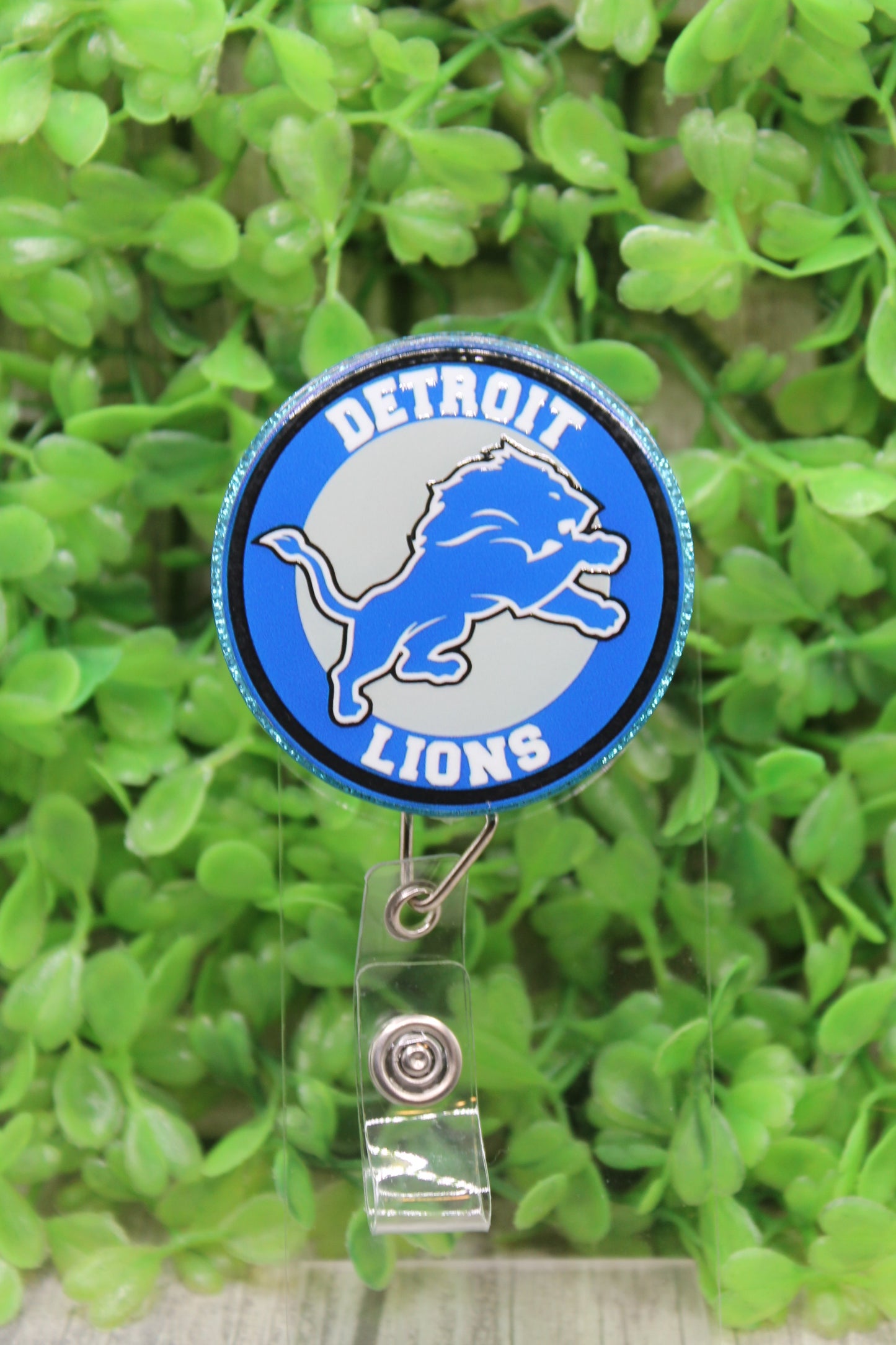 Lions Football Circle Blue Glitter Badge/ID Holder Reel