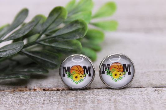 Basketball MOM || 12mm Glass Stud Earrings || Hypoallergenic