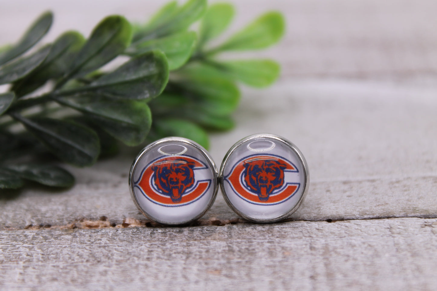 Bears Football || 12mm Glass Stud Earrings || Hypoallergenic