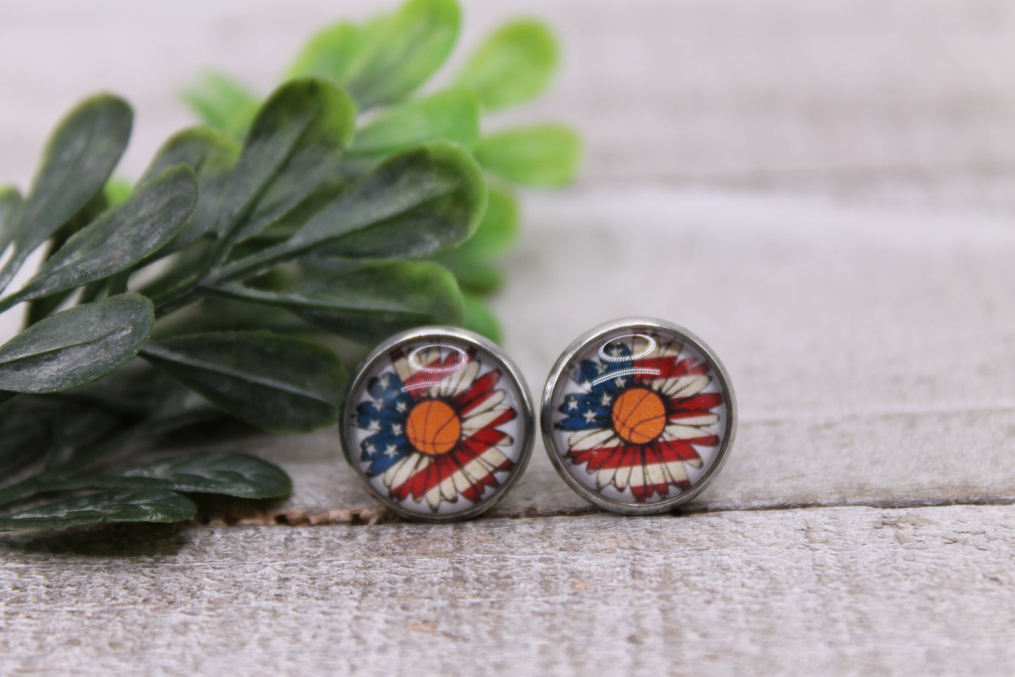 American Flag Sunflower - Basketball || 12mm Glass Stud Earrings || Hypoallergenic