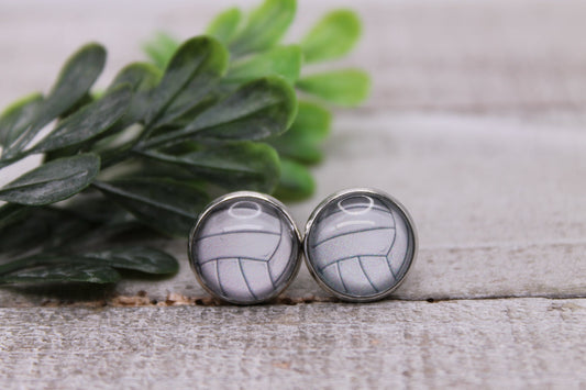 Volleyball || 12mm Glass Stud Earrings || Hypoallergenic