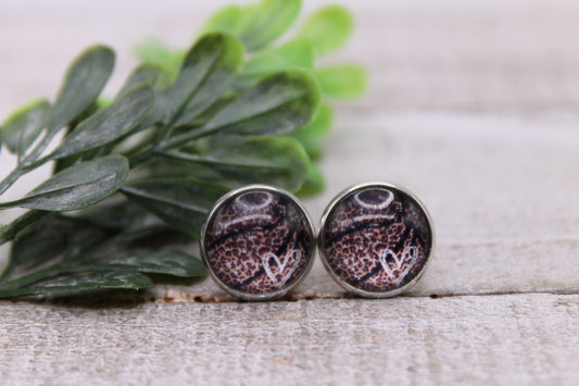 Leopard Basketball w/ Heart || 12mm Glass Stud Earrings || Hypoallergenic