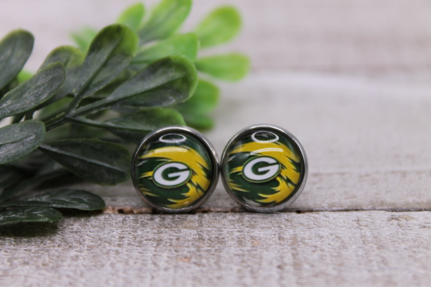 Packers Football - Green/Yellow || 12mm Glass Stud Earrings || Hypoallergenic