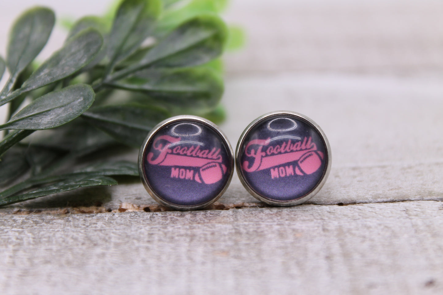 Football Mom - Pink || 12mm Glass Stud Earrings || Hypoallergenic