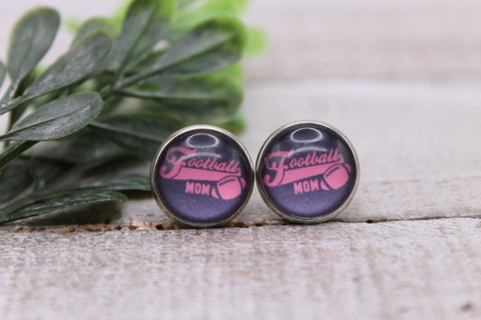 Football Mom - Pink || 12mm Glass Stud Earrings || Hypoallergenic