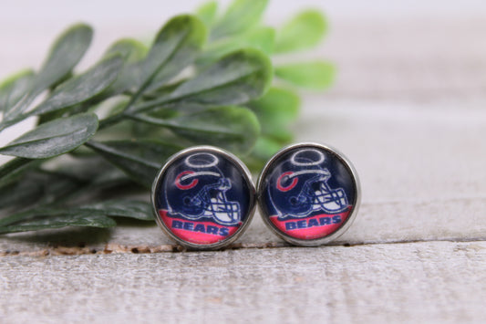 Bears Football Helmet || 12mm Glass Stud Earrings || Hypoallergenic