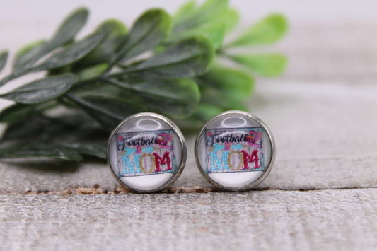 Football Mom - Block || 12mm Glass Stud Earrings || Hypoallergenic