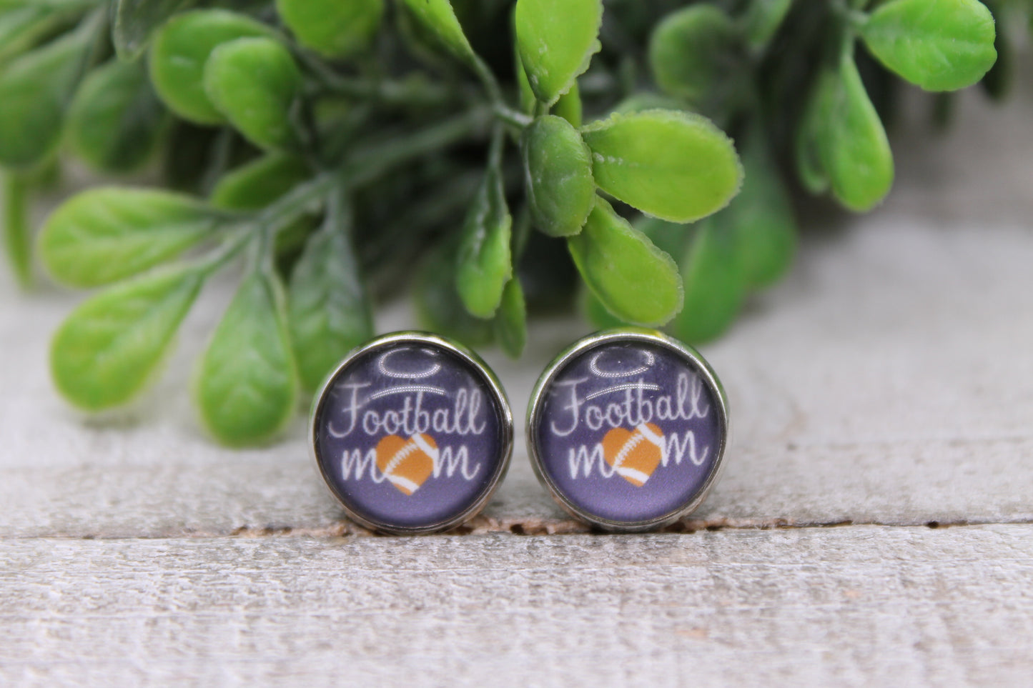 Football MOM Heart || 12mm Glass Stud Earrings || Hypoallergenic