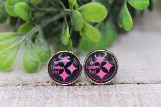 Steelers Girl - Pink || 12mm Glass Stud Earrings || Hypoallergenic