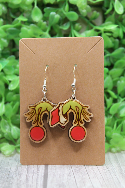 Grinch Hand & Ornament Wooden Dangle Earrings