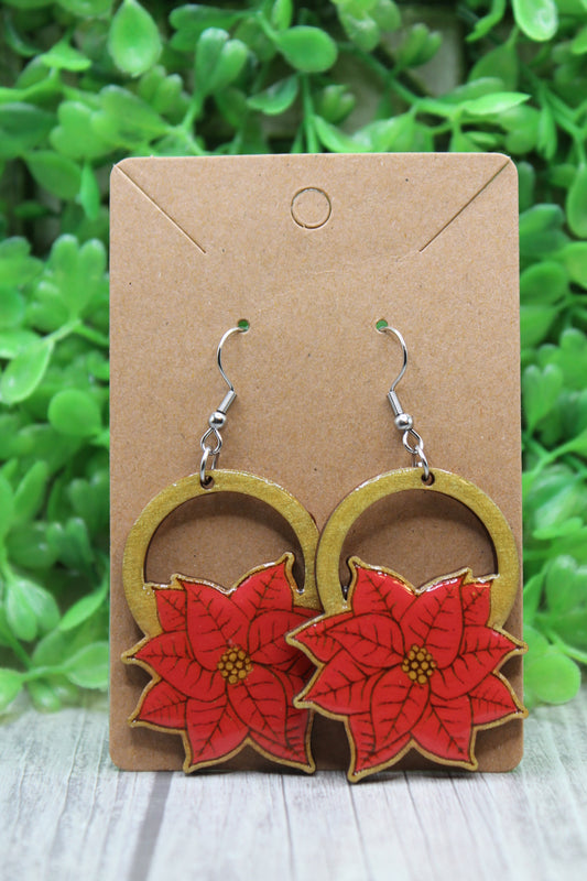 Poinsettia and Golden Ring Wooden Dangle Earrings