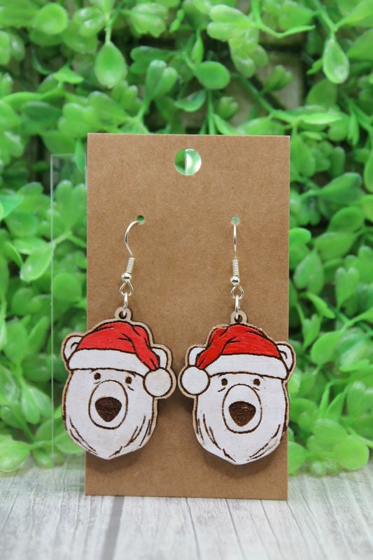 Santa Hat Polar Bear Wooden Dangle Earrings